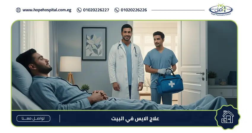 مريض يستلقي على سرير في غرفة نوم منزلية بينما يقف بجواره طبيب يرتدي معطفًا أبيض وممرض يحمل حقيبة إسعافات زرقاء، في مشهد يوضح خدمة علاج الايس في البيت.